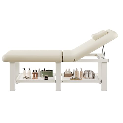 30.5 Wide 75 Long Folding Stationary Massage Table with Backrest and Storage Space for Treatment Table Physical Therapy Table Spa Facial Bed 6 Square legs Metal Frame PU Leather - Beige Gray