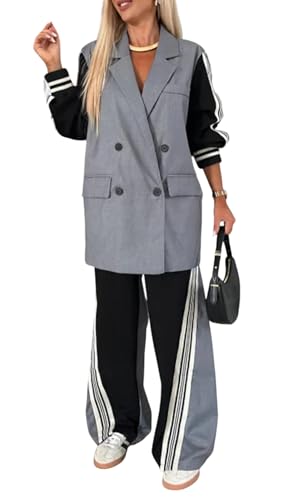 RoniKasha Women 2 Piece Outfits Long Sleeve Notch Lapel Casual Blazer and Wide Leg Pants Business Dressy Sets with Pockets
