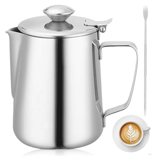 Milchkännchen mit Deckel, 350ml Edelstahl Milchaufschäumer...