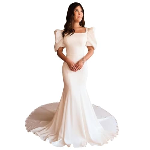 fitted lace wedding dress Simple Mermaid Satin Wedding Dress with Long Puffy Sleeve – AmberBride main image 1