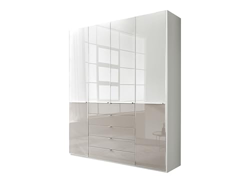 WIEMANN Drehtürenschrank mit 5 Schubkästen hochwertiger Kleiderschrank Schlafzimmerschrank 200cm breit, mit Schubladen, Glas Kieselgrau, Korpus Weiß, Höhe 236cm, Shanghai