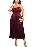 SCOMCHIC Women's Plus Size Dress Pleated V Neck Sleeveless Spaghetti Strap A Line Cocktail Party Cami Long Maxi Dress Burgundy