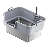 Leefasy Large Sturdy Open Top High Sided Stainless Steel Splashproof Semi Enclosed Pet Supplies Cat Potty, Light Gray