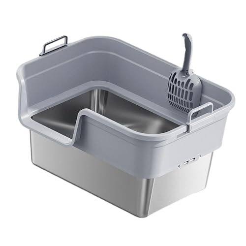 Leefasy Large Sturdy Open Top High Sided Stainless Steel Splashproof Semi Enclosed Pet Supplies Cat Potty, Light Gray
