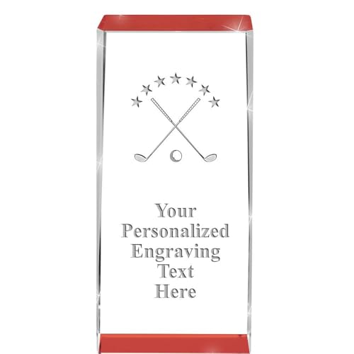 Crown Awards Customizable Crystal Trophy, 4.5" Engraved Golf Clubs and Ball Red Spotlight Crystal Award