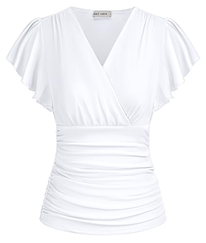Women White Tops Ruffle Sleeve Wrap Blouses Casual V Neck