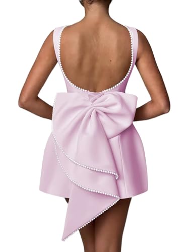 Image of Women's Pearl Prom Dresses Bow Back Evening Gowns Satin Cocktail Party Dress Pink 0
