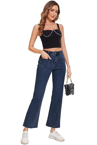 Women Straight Leg Capris Jeans Mid Rise Cropped Pants Stretchy Ankle Length with Pockets Blue2