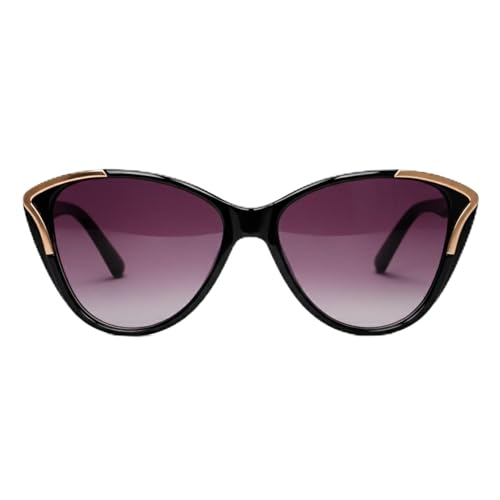 Image of Women's Cat Eye Sunglasses, Black Frame with Gold Accents, Gradient Purple Lens, UV Protection, 135mm Total Width
