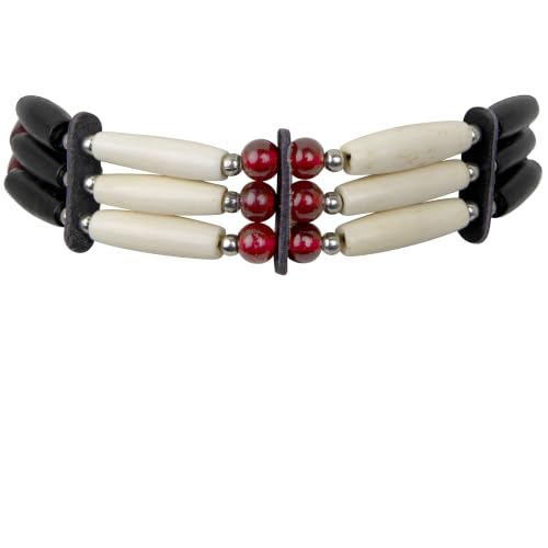 Native American Style Bone Choker Necklace, Red/Black/Beige (3 Row)