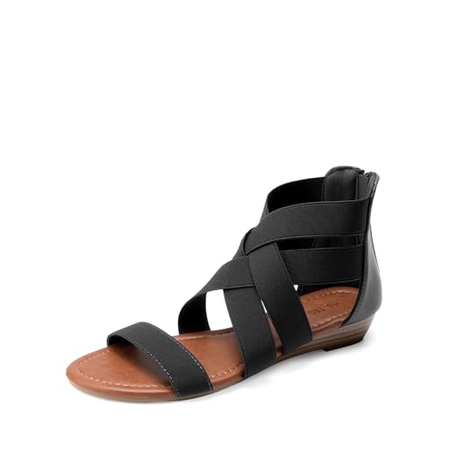 DREAM PAIRS Women's Elastic Ankle Strap Sandals Gladiator Strappy Low Wedges Sandals,Size 8.5,Black,ELASTICA8