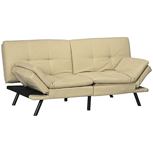 HOMCOM Canapé Convertible canapé-lit 3 Places clic-clac rembourré avec accoudoirs et Dossier réglables en Tissu Beige