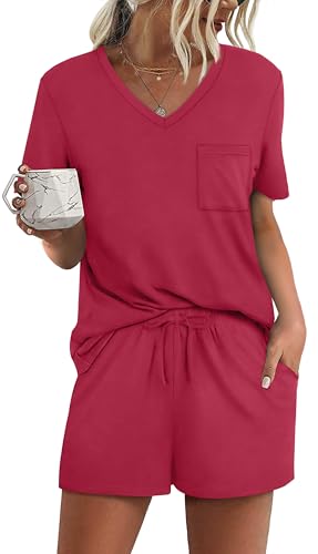 Image of RUBZOOF Women's Short Sleeve Pajama Sets with Pockets Casual V Neck 2 Piece Lounge Sets S-3XL