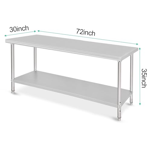 Image of 72x30x35inch Double Layer Stainless Steel Prep Table No Caster Wheels No Backsplash