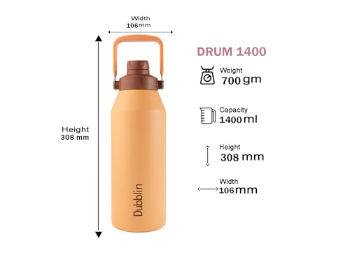 Image of Dubblin Drum Water Bottle 1400 ML | Double Wall Vacuum Insulated Stainless Steel Bottle | Keeps Water Hot & Cold | No Sweat | Leak Proof | BPA Free (Yellow)