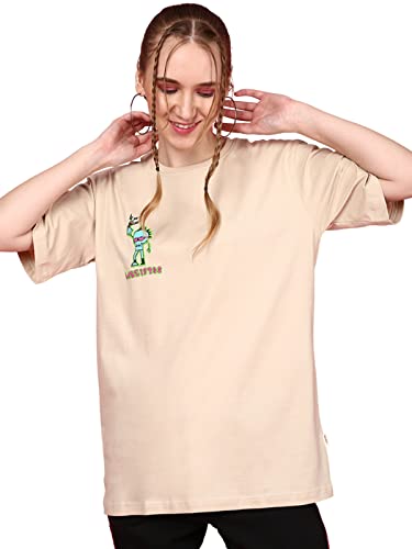 Image of JUNEBERRY Oversized Loose Baggy Fit Drop Shoulder Round Neck Half Sleeve Cool Punk Graphic Printed Pure Cotton Boyfriend T-Shirt for Women
