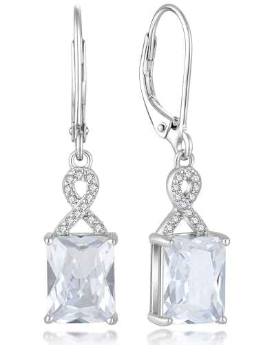 Twisted Cushion Princess Emerald Cut Earrings - 9x7mm Solid Sterling Silver 18K White Gold Plated Birthstone Dangle Earrings for Women Drop Leverback Jewelry