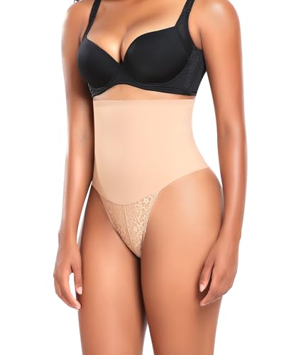Image of Werena Thong Shapewear for Women Tummy Control Seamless High Waist Body Shaper Underwear Shaping Panties(#344 Slimming Lace Beige, Medium)