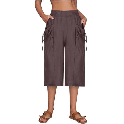 Photo de NSICBMNO Pantalon capri pour femme - Grande taille - Pantalon d'été en lin - Jambes larges - Pantalon Palazzo - Pantalon de yoga évasé - Taille élastique - Pantalon Losoe Lounge avec poches, 01#café