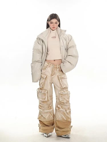 Dawery Multi-Pocket Cargo Jeans for Women Winter Casual Loose Floor Length Wide Leg Denim Pants Tide Trouser4