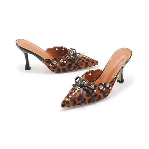 Image of Kitten Heel Mules for Women Bow Tie Suede Stiletto Heels Mule Pointed Toe Studs Slide Heeled Sandal Pumps for Wedding Dress Party