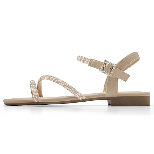 Greatonu Women's Rhinestone Flat Sandals with Ankle Strap Open Toe Sandals Wedding Bridal Prom Sparkly Bling Comfortable Dressy Sandals4