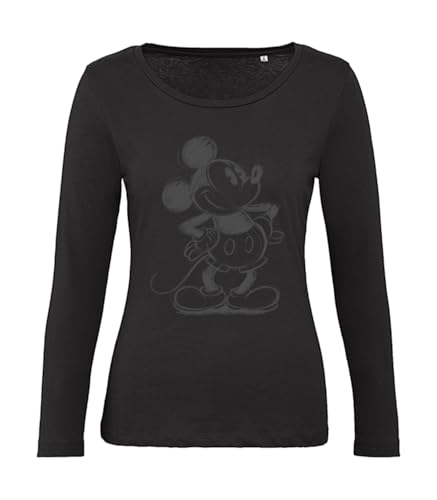 Disney Mickey Mouse Sketched Longsleeve Women Retro Logo Merchandise T-Shirt by Shirt Happens - Black - XL