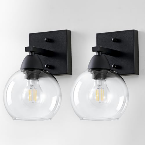 Image of Bathroom Light Fixtures, 1-Light Matte Black Vanity Light with Hand-Blown Globe Glass Shade, High Clarity & Durable, Wall Sconce for Mirror, Kitchen, Bedroom, Hallway-2P