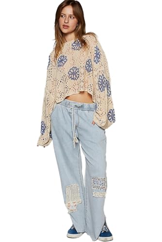 Trendy Long Sleeve Round Neck Sweater: Beige Floral Print