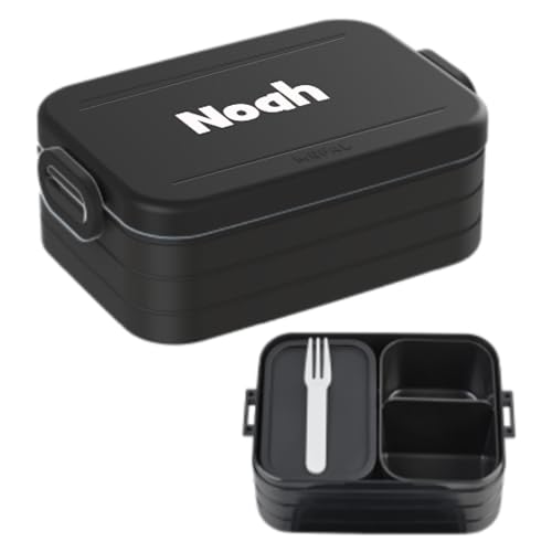 Mepal Brotdose mit Namen To Go - Personalisierte Bento Lunchbox - Geeignet für bis zu 4 Butterbrote - Bento-Fach & Gabel - BPA-frei & Spülmaschinenfest - 900 ml - Midi - Nordic black