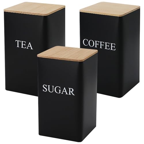 Juego de 3 botes de té, café y azúcar, tarros de almacenamiento de metal de 1000 ml, juego de botes de té y café con tapa hermética de bambú