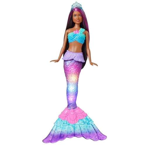Barbie Dreamtopia Meerjungfrau, Meerjungfrau mit braunen Haaren, 4 Licht- und Soundeffekte, Barbiepuppe mit Meerjungfrauenschwanz, inkl. 1 Barbiepuppe, Geschenk für Kinder ab 3 Jahren,HDJ37