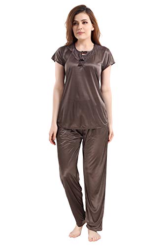 Image of Romaisa Women's Brown Satin Night Suit Set for Women - Stylish Pajama Set Sleepwear Lounge Wear Comfortable Nightwear
