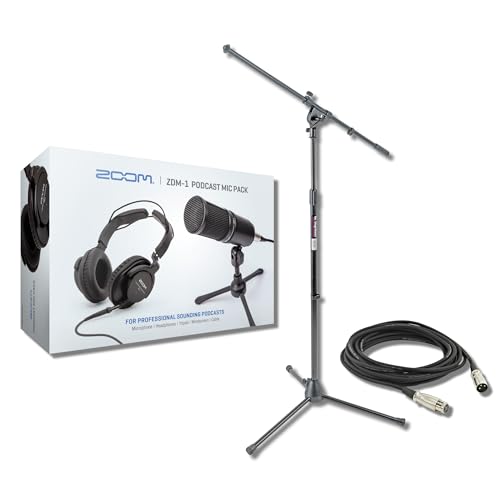 Zoom ZDM-1 Podcast Microphone Pack with On-Stage Stands MS7701B Tripod Mic Stand and XLR Cable