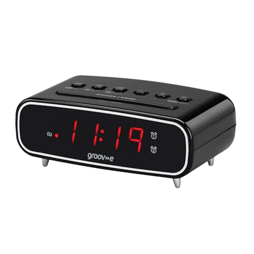 Groov-e Rise - Digital Alarm Clock with FM Radio LCD Display & Dimmer Function - 12hr/24hr Time Modes - Mains Powered Backup Battery System - Black
