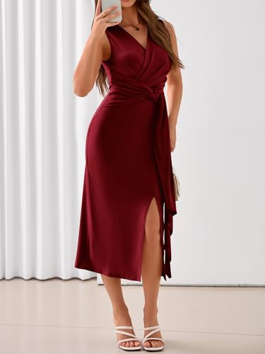 Image of YIOYOLA Womens Sleeveless Ruched V Neck Sheath Casual Party Midi Bodycon Dresses with Slit