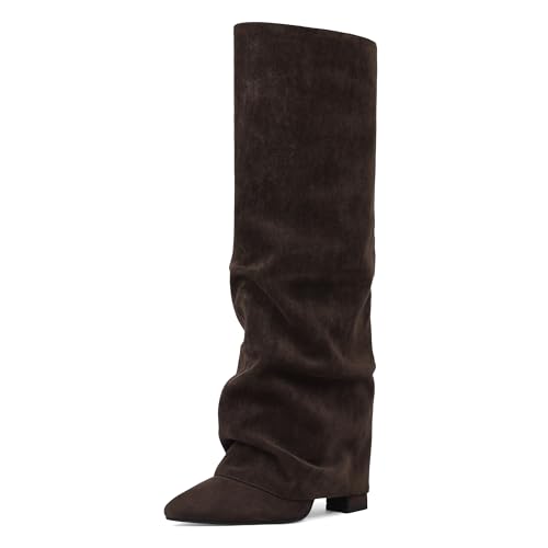 Image of SaraIris Women's Slouchy Knee High Boots - Black, Pointed Toe, Fold Over, Chunky, Shark Boots