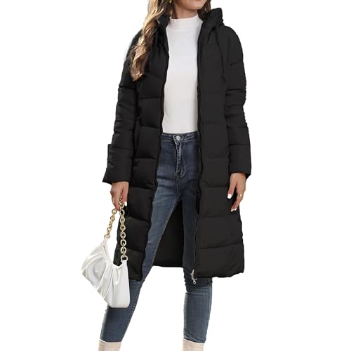 Women's Winter Hooded Down Puffer Jacket Long Length Quilted Down Coat Full Zip Padded Warm Outerwear, Black, X-Large