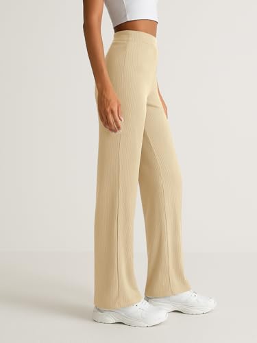 Image of Pinkmint Women High Waist Ribbed Wide Leg Trousers | Stretchable Palazzo Pants | Gym Yoga Workout Sports Activewear | Casual Lounge Travel Office Elastic Waist Flared Pants