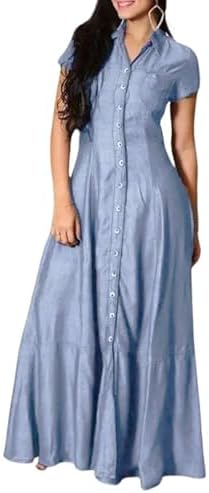 utcoco Womens Short Sleeve Denim Maxi Dress Casual Loose Fit Button ...