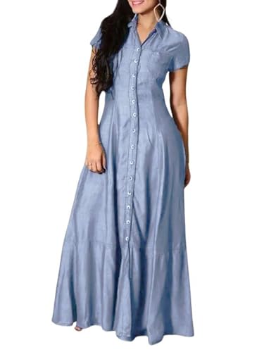 utcoco Womens Short Sleeve Denim Maxi Dress Casual Loose Fit Button Down Long Jean Dresses (Large, Light Blue)