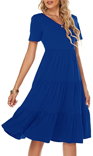 Image of Berydress Women's Casual Summer Tiered Midi Dress 2026 V Neck Boho Sundress | Short Sleeve Dresses for Women, Loose Ruffle Babydoll Style, Cotton Blend Fabric, for Church, Going Out, Beach Vacation