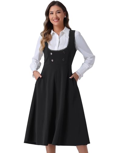 Allegra K Vintage Pinafore Dress for Women's Steampunk Button Decor Overalls Midi Dress with Pockets