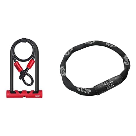 ABUS Bügelschloss Ultimate 420 + USH-Halter + Sicherungskabel Cobra 10/120 - Schwarz/Rot - 230 mm & Kettenschloss 8808C - stabiles Zahlenschloss aus speziell gehärtetem Stahl Cover