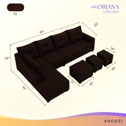 Image of SOCOZI Oriana 8 Seater LHS L Shape Sofa Set | Velvet Suede Fabric L Shape Sofa for Livingroom with 2 Ottoman & Centre Table | (Dark Brown)