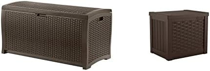 Suncast 73-Gallon Medium Deck Box - Lightweight Resin Indoor/Outdoor Storage Container and Seat for Patio Cushions and Gardening Tools, Mocha Brown & 22 Gallon Small Resin Storage Seat, Java, SSW600J