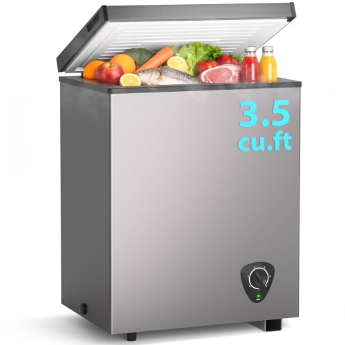 Image of Small Deep Freezer with Removable Basket, 3.5 Cu.ft Chest Freezer Top Door Open, 7 Grade Temperature Control Ideal for Kitchen Apartment Office, Light grey