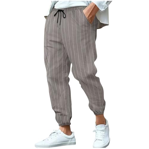 Xiaojmake Cotton Linen Jogger Pants for Men Casual Striped Summer Elastic Waist Beach Yoga Pant Drawstring Baggy Hippie Pants