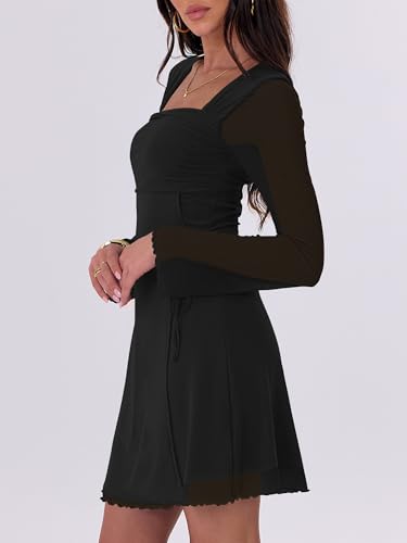 Image of Caracilia Womens Sexy Mesh Ruched Mini Dresses Long Sleeve Square Neck Tie Fall Club Party Cocktail Short Dress 2026 Fashion