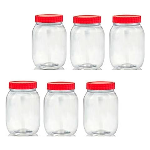 6 x 1000ml Plastic Storage Jar With Screw Top Lids Airtight Food Storage Containers BPA Free For Kitchen, Herb, Spices, Sweets Clear Canister pots Cover
